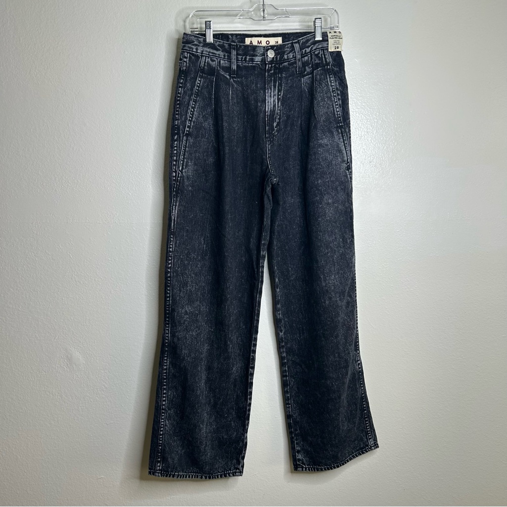 Nwt Amo 100% Cotton Marcella Pleated Jean High Rise Wide Leg Black